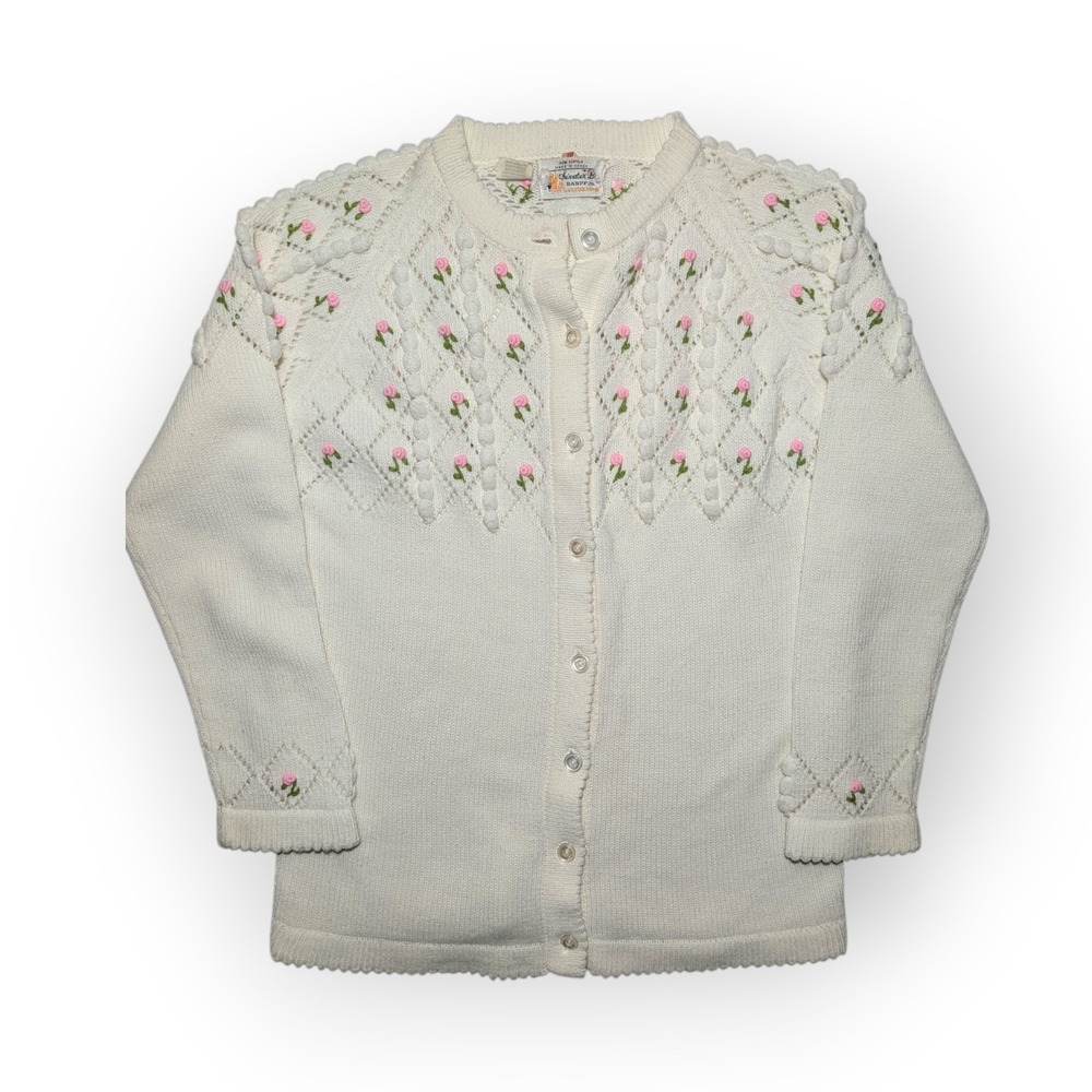 Vintage Sweater Bee by Banff Floral Knit Cardigan Size 38 Ivory Pink‎ Roses